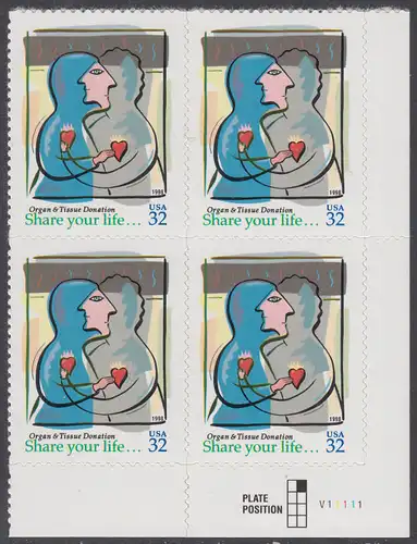 USA Michel 2997 / Scott 3227 postfrisch PLATEBLOCK ECKRAND unten rechts (a) - Aufruf zur Organ- und Gewebespende
