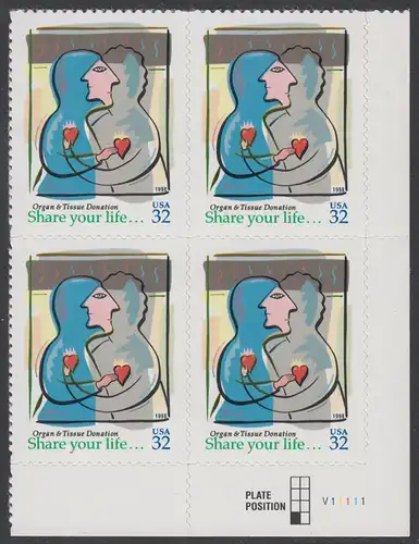 USA Michel 2997 / Scott 3227 postfrisch PLATEBLOCK ECKRAND unten rechts (b) - Aufruf zur Organ- und Gewebespende