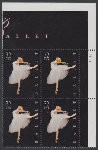 USA Michel 3042 / Scott 3237 postfrisch PLATEBLOCK ECKRAND oben rechts m/ Platten-# P1111 - Amerikanisches Ballett; Klassische Ballettänzerin