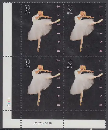 USA Michel 3042 / Scott 3237 postfrisch PLATEBLOCK ECKRAND unten links m/ Platten-# P1111 - Amerikanisches Ballett; Klassische Ballettänzerin