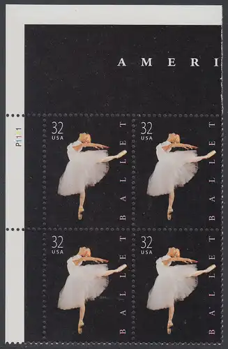 USA Michel 3042 / Scott 3237 postfrisch PLATEBLOCK ECKRAND oben links m/ Platten-# P1111 (a) - Amerikanisches Ballett; Klassische Ballettänzerin
