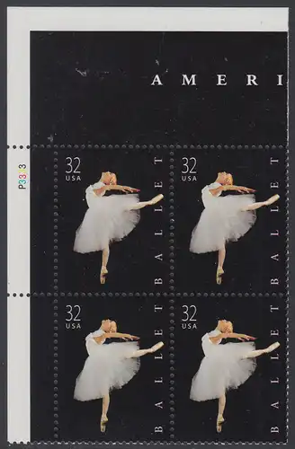 USA Michel 3042 / Scott 3237 postfrisch PLATEBLOCK ECKRAND oben links m/ Platten-# P3333 (b) - Amerikanisches Ballett; Klassische Ballettänzerin