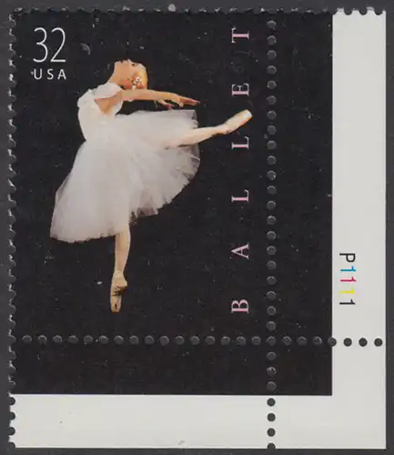 USA Michel 3042 / Scott 3237 postfrisch EINZELMARKE ECKRAND unten rechts m/ Platten-# P1111 - Amerikanisches Ballett; Klassische Ballettänzerin