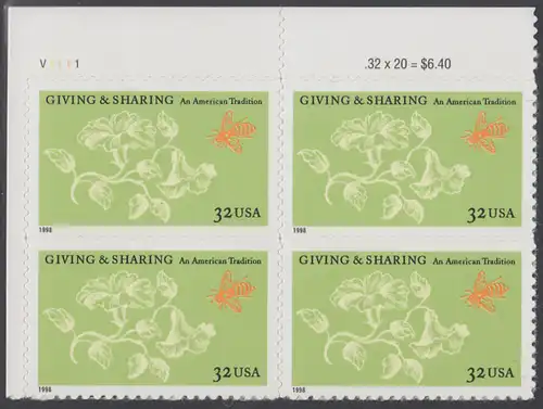 USA Michel 3049 / Scott 3243 postfrisch PLATEBLOCK ECKRAND oben links m/ Platten-# V1111 - Aufruf zur Philanthropie