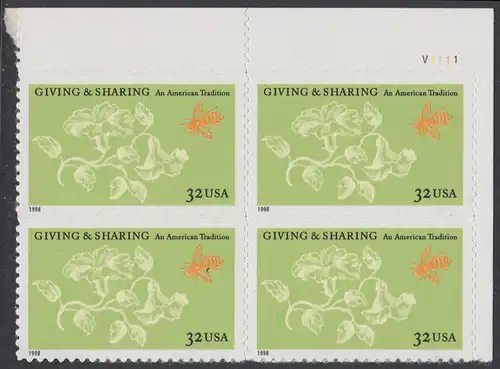 USA Michel 3049 / Scott 3243 postfrisch PLATEBLOCK ECKRAND oben rechts m/ Platten-# V1111 - Aufruf zur Philanthropie