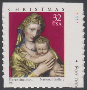 USA Michel 3050 / Scott 3244 postfrisch EINZELMARKE (von Folioblatt) RAND rechts m/ Platten-# 11111 - Weihnachten: Maria mit Kind