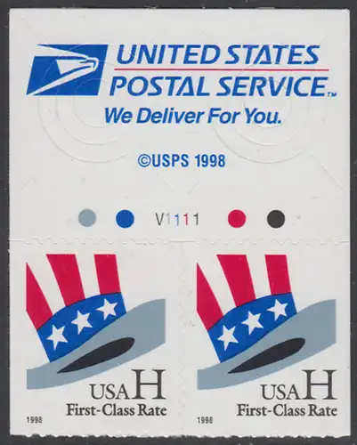 USA Michel 3060 / Scott 3267 postfrisch horiz.PAAR RÄNDER oben m/ Platten-# V1111 - Hut von Uncle Sam