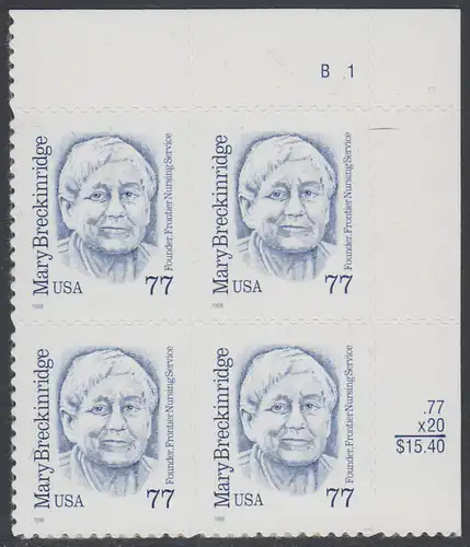 USA Michel 3063 / Scott 2942 postfrisch PLATEBLOCK ECKRAND oben rechts m/ Platten-# B1 - Amerikanische Persönlichkeiten: Mary Breckinridge (1881-1965), Krankenschwester und Hebamme
