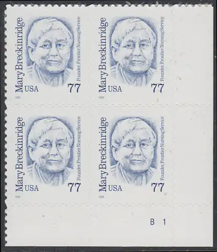 USA Michel 3063 / Scott 2942 postfrisch PLATEBLOCK ECKRAND unten rechts m/ Platten-# B1 - Amerikanische Persönlichkeiten: Mary Breckinridge (1881-1965), Krankenschwester und Hebamme