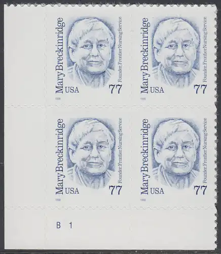 USA Michel 3063 / Scott 2942 postfrisch PLATEBLOCK ECKRAND unten links m/ Platten-# B1 - Amerikanische Persönlichkeiten: Mary Breckinridge (1881-1965), Krankenschwester und Hebamme