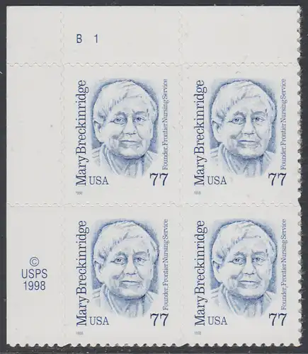 USA Michel 3063 / Scott 2942 postfrisch PLATEBLOCK ECKRAND oben links (a) m/ Platten-# B1 - Amerikanische Persönlichkeiten: Mary Breckinridge (1881-1965), Krankenschwester und Hebamme