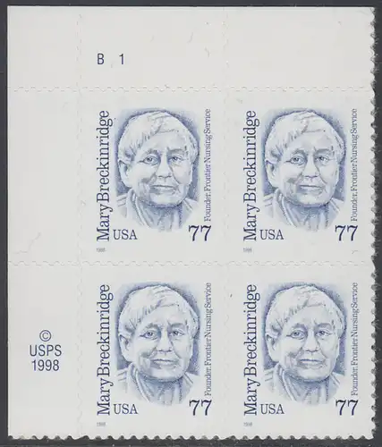 USA Michel 3063 / Scott 2942 postfrisch PLATEBLOCK ECKRAND oben links (b) m/ Platten-# B1 - Amerikanische Persönlichkeiten: Mary Breckinridge (1881-1965), Krankenschwester und Hebamme