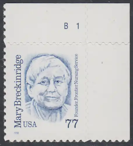 USA Michel 3063 / Scott 2942 postfrisch EINZELMARKE ECKRAND oben rechts m/ Platten-# B1 - Amerikanische Persönlichkeiten: Mary Breckinridge (1881-1965), Krankenschwester und Hebamme