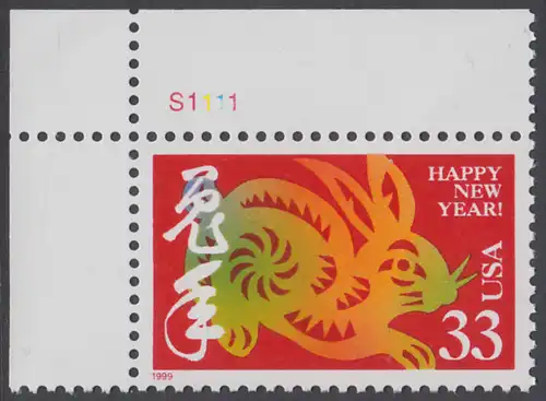 USA Michel 3070 / Scott 3272 postfrisch EINZELMARKE ECKRAND oben links m/ Platten-# S1111 - Chinesisches Neujahr: Jahr des Hasen