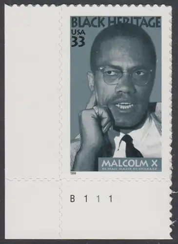 USA Michel 3071 / Scott 3273 postfrisch EINZELMARKE ECKRAND unten links m/ Platten-# B111 - Schwarzamerikanisches Erbe: Malcolm X, Bürgerrechtler