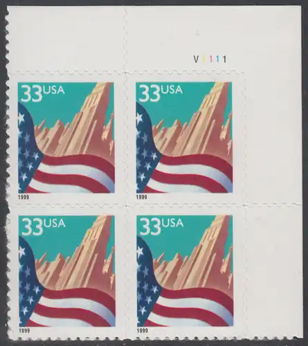 USA Michel 3091A / Scott 3278 postfrisch PLATEBLOCK ECKRAND oben rechts m/ Platten-# V1111 - Flagge vor Stadtansicht
