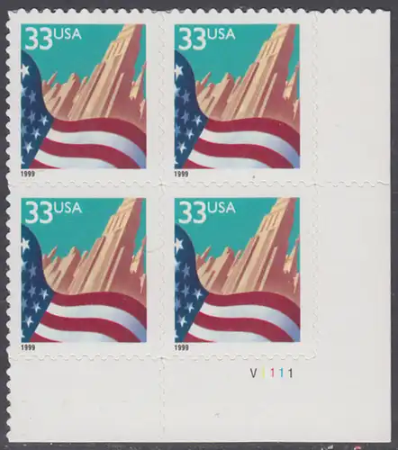 USA Michel 3091A / Scott 3278 postfrisch PLATEBLOCK ECKRAND unten rechts m/ Platten-# V1111 - Flagge vor Stadtansicht