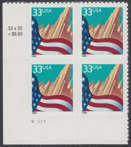 USA Michel 3091A / Scott 3278 postfrisch PLATEBLOCK ECKRAND unten links m/ Platten-# V1111 - Flagge vor Stadtansicht