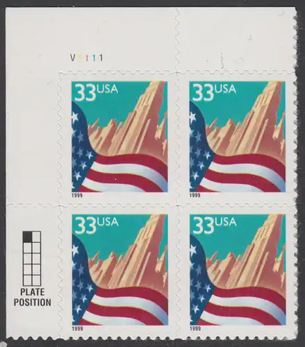 USA Michel 3091A / Scott 3278 postfrisch PLATEBLOCK ECKRAND oben links m/ Platten-# V1111 - Flagge vor Stadtansicht
