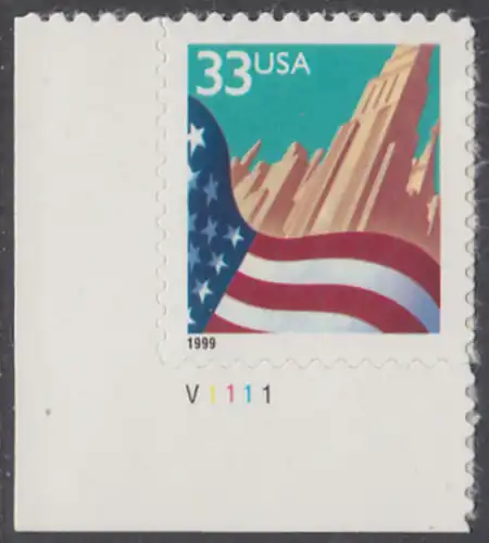 USA Michel 3091A / Scott 3278 postfrisch EINZELMARKE ECKRAND unten links m/ Platten-# V1111 - Flagge vor Stadtansicht