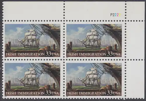 USA Michel 3092 / Scott 3286 postfrisch PLATEBLOCK ECKRAND oben rechts - Irische Einwanderung in die Vereinigten Staaten von Amerika; Auswandererschiff im 19. Jahrhundert