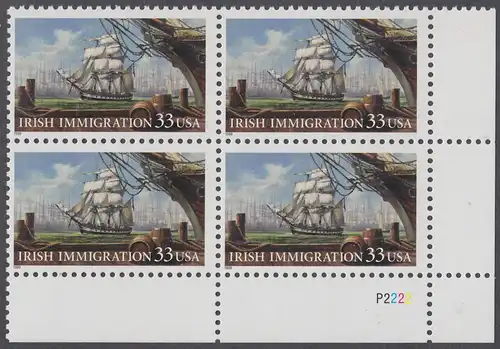 USA Michel 3092 / Scott 3286 postfrisch PLATEBLOCK ECKRAND unten rechts - Irische Einwanderung in die Vereinigten Staaten von Amerika; Auswandererschiff im 19. Jahrhundert