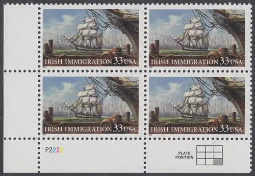 USA Michel 3092 / Scott 3286 postfrisch PLATEBLOCK ECKRAND unten links - Irische Einwanderung in die Vereinigten Staaten von Amerika; Auswandererschiff im 19. Jahrhundert