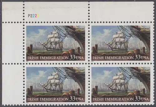 USA Michel 3092 / Scott 3286 postfrisch PLATEBLOCK ECKRAND oben links - Irische Einwanderung in die Vereinigten Staaten von Amerika; Auswandererschiff im 19. Jahrhundert