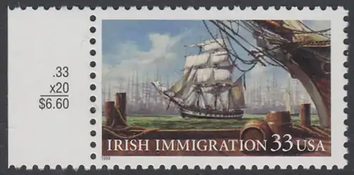 USA Michel 3092 / Scott 3286 postfrisch EINZELMARKE RAND links - Irische Einwanderung in die Vereinigten Staaten von Amerika; Auswandererschiff im 19. Jahrhundert