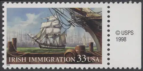 USA Michel 3092 / Scott 3286 postfrisch EINZELMARKE RAND rechts m/ copyright symbol - Irische Einwanderung in die Vereinigten Staaten von Amerika; Auswandererschiff im 19. Jahrhundert
