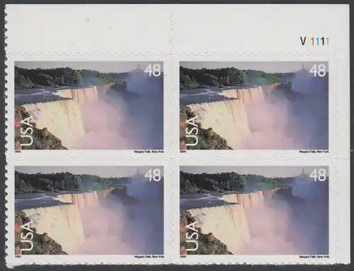 USA Michel 3121 / Scott C133 postfrisch PLATEBLOCK ECKRAND oben rechts (a) m/ Platten-# V11111 - Luftpost: Landschaften; Niagarafälle