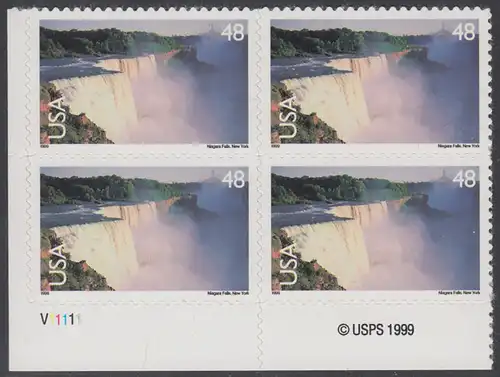 USA Michel 3121 / Scott C133 postfrisch PLATEBLOCK ECKRAND unten links m/ Platten-# V11111 (a) - Luftpost: Landschaften; Niagarafälle