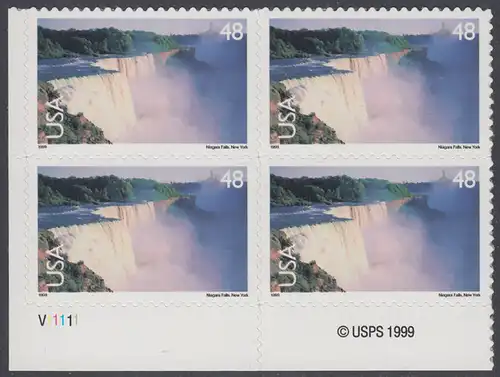 USA Michel 3121 / Scott C133 postfrisch PLATEBLOCK ECKRAND unten links m/ Platten-# V11111 (b) - Luftpost: Landschaften; Niagarafälle