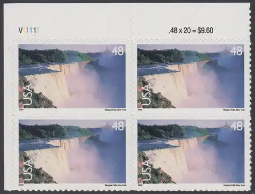 USA Michel 3121 / Scott C133 postfrisch PLATEBLOCK ECKRAND oben links m/ Platten-# V11111 (c) - Luftpost: Landschaften; Niagarafälle