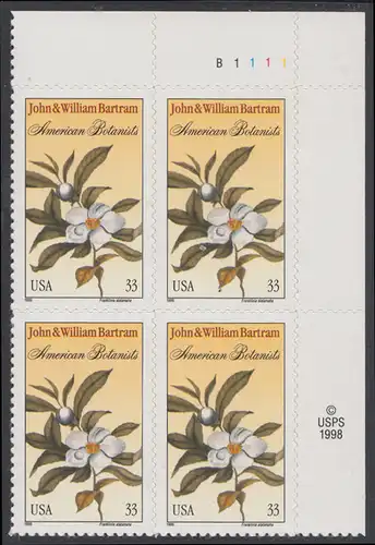 USA Michel 3122 / Scott 3314 postfrisch PLATEBLOCK ECKRAND oben rechts m/ Platten-# B1111 - John (1699-1777) und William (1739 bis 1823) Bartram, Botaniker; Teestrauchgewächs 