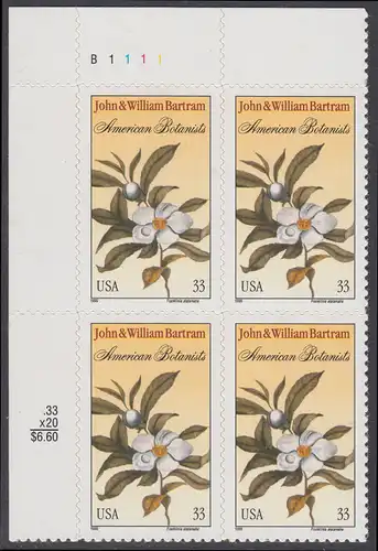 USA Michel 3122 / Scott 3314 postfrisch PLATEBLOCK ECKRAND oben links m/ Platten-# B1111 (a) - John (1699-1777) und William (1739 bis 1823) Bartram, Botaniker; Teestrauchgewächs 