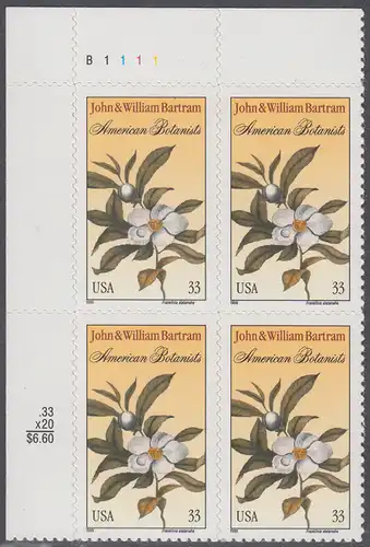 USA Michel 3122 / Scott 3314 postfrisch PLATEBLOCK ECKRAND oben links m/ Platten-# B1111 (b) - John (1699-1777) und William (1739 bis 1823) Bartram, Botaniker; Teestrauchgewächs 