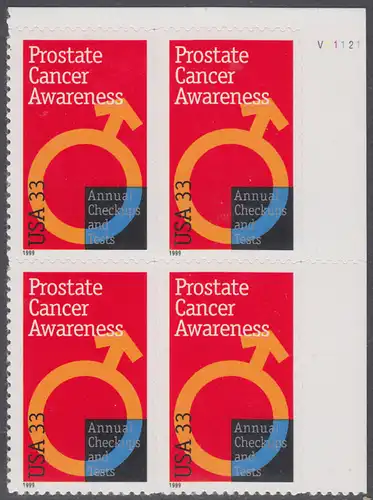 USA Michel 3138 / Scott 3315 postfrisch PLATEBLOCK ECKRAND oben rechts m/ Platten-# V11121 - Aufruf zur Prostatakrebsvorsorge