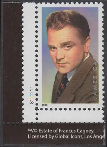 USA Michel 3152 / Scott 3329 postfrisch EINZELMARKE ECKRAND  unten links m/ Platten-# S11111 - Hollywood-Legenden: 100. Geburtstag von James Cagney; Filmschauspieler