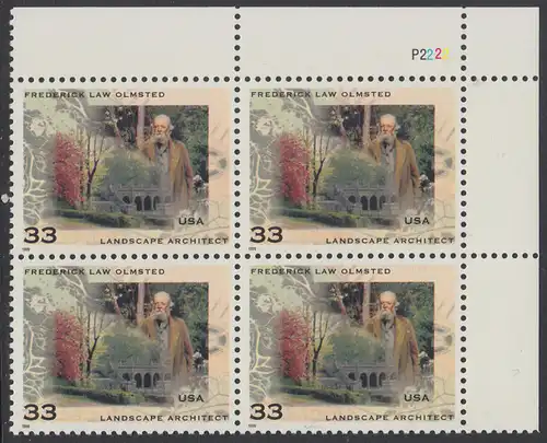 USA Michel 3164 / Scott 3338 postfrisch PLATEBLOCK ECKRAND  oben rechts m/ Platten-# P2222 - Frederick L. Olmsted; Landschaftsarchitekt