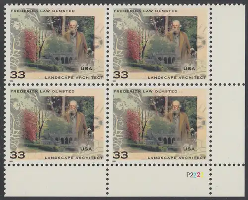 USA Michel 3164 / Scott 3338 postfrisch PLATEBLOCK ECKRAND  unten rechts m/ Platten-# P2222 - Frederick L. Olmsted; Landschaftsarchitekt