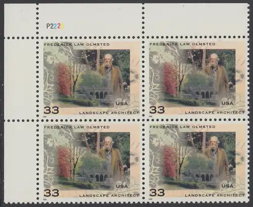 USA Michel 3164 / Scott 3338 postfrisch PLATEBLOCK ECKRAND  oben links m/ Platten-# P2222 - Frederick L. Olmsted; Landschaftsarchitekt