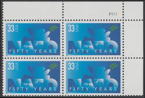 USA Michel 3214 / Scott 3354 postfrisch PLATEBLOCK ECKRAND oben rechts m/ Platten-# P1111 - 50 Jahre Nordatlantikpakt (NATO); Friedenstaube
