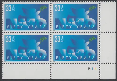 USA Michel 3214 / Scott 3354 postfrisch PLATEBLOCK ECKRAND unten rechts m/ Platten-# P1111 - 50 Jahre Nordatlantikpakt (NATO); Friedenstaube