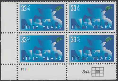 USA Michel 3214 / Scott 3354 postfrisch PLATEBLOCK ECKRAND unten links m/ Platten-# P1111 - 50 Jahre Nordatlantikpakt (NATO); Friedenstaube