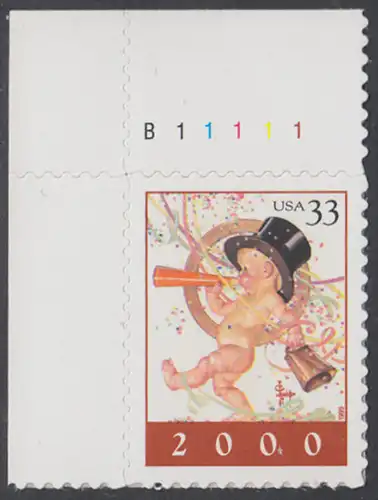 USA Michel 3241 / Scott 3369 postfrisch EINZELMARKE ECKRAND oben links m/ Platten-# B11111 - Eintritt in das Jahr 2000: Glückssymbole