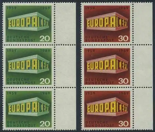 BUND 1969 Michel-Nummer 0583-0584 postfrisch SATZ(2) vert.STRIPS(3) RÄNDER rechts