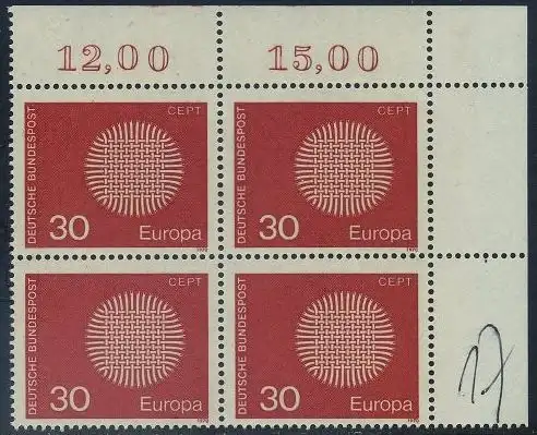 BUND 1970 Michel-Nummer 0621 postfrisch BLOCK ECKRAND oben rechts