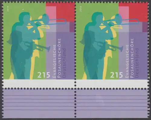 BUND 2014 Michel-Nummer 3065 postfrisch horiz.PAAR RÄNDER unten
