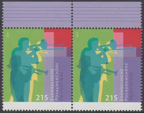 BUND 2014 Michel-Nummer 3065 postfrisch horiz.PAAR RÄNDER oben 